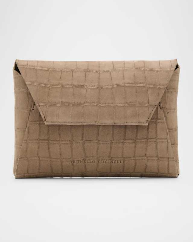Duo Mini Croc-Embossed Suede Pouchette Clutch Bag